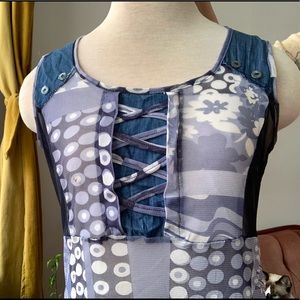 Vintage 90s Blue Mesh Patchwork Patterned Dress